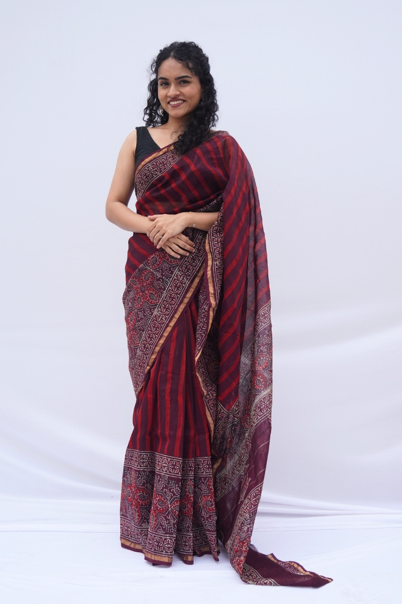 Chanderi Silk Cotton Bagru Printed Saree – Maroon, Plum & Ivory