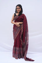 Chanderi Silk Cotton Bagru Printed Saree – Maroon, Plum & Ivory