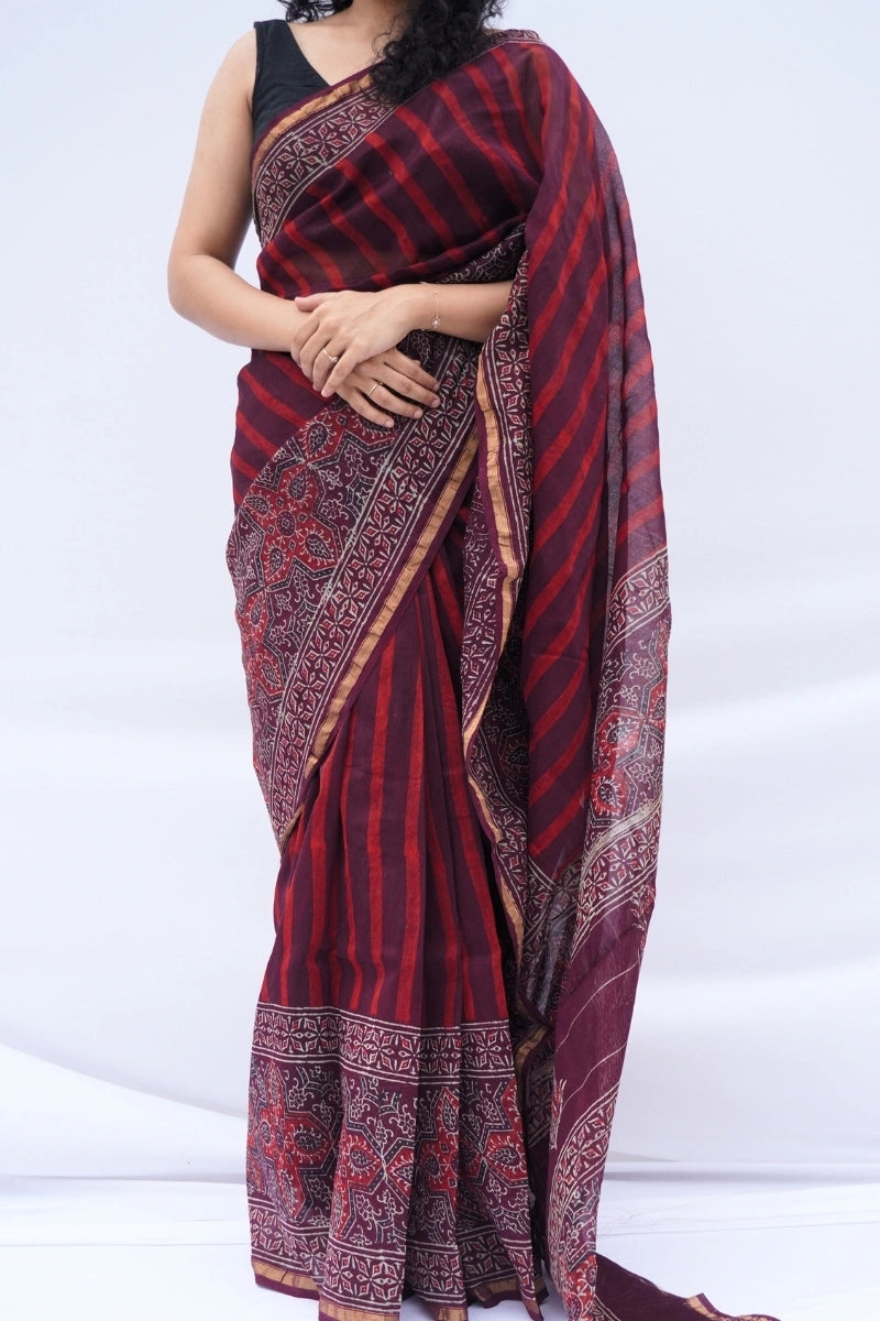 Chanderi Silk Cotton Bagru Printed Saree – Maroon, Plum & Ivory
