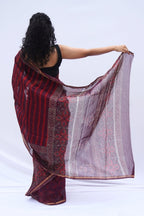 Chanderi Silk Cotton Bagru Printed Saree – Maroon, Plum & Ivory