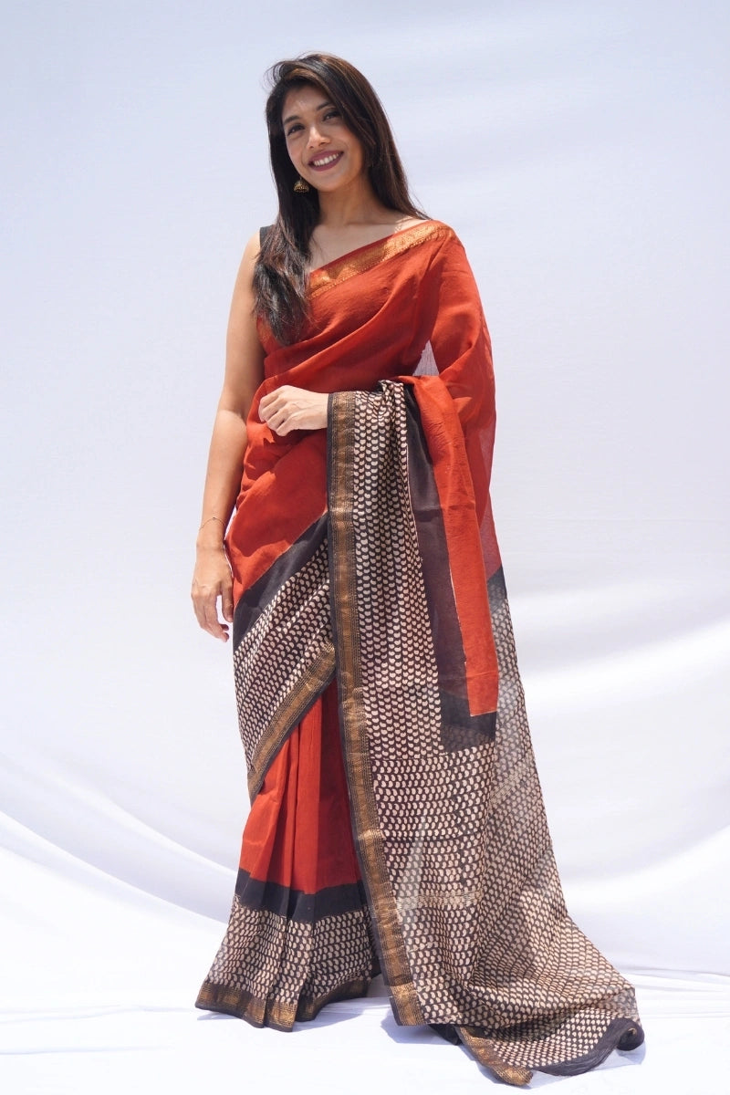 Maheshwari Silk Cotton Saree – Rust & Black_1