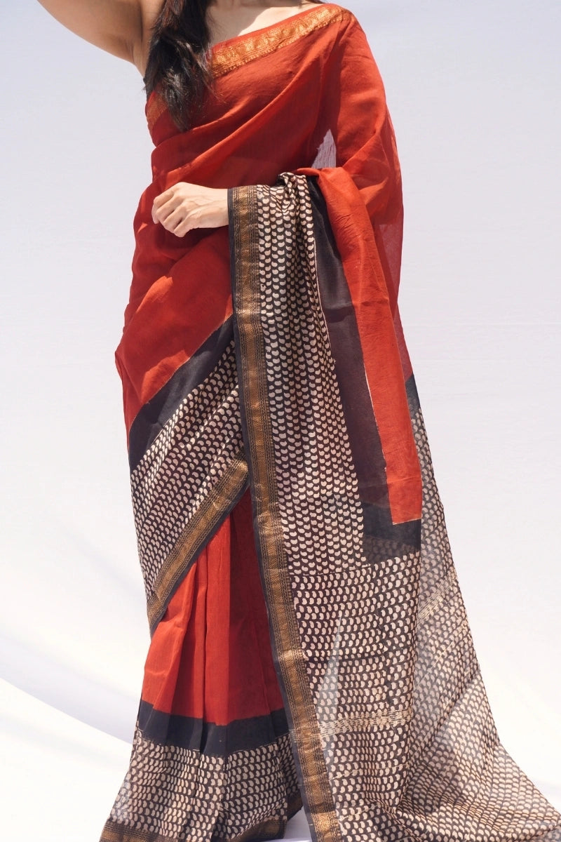 Maheshwari Silk Cotton Saree – Rust & Black_2