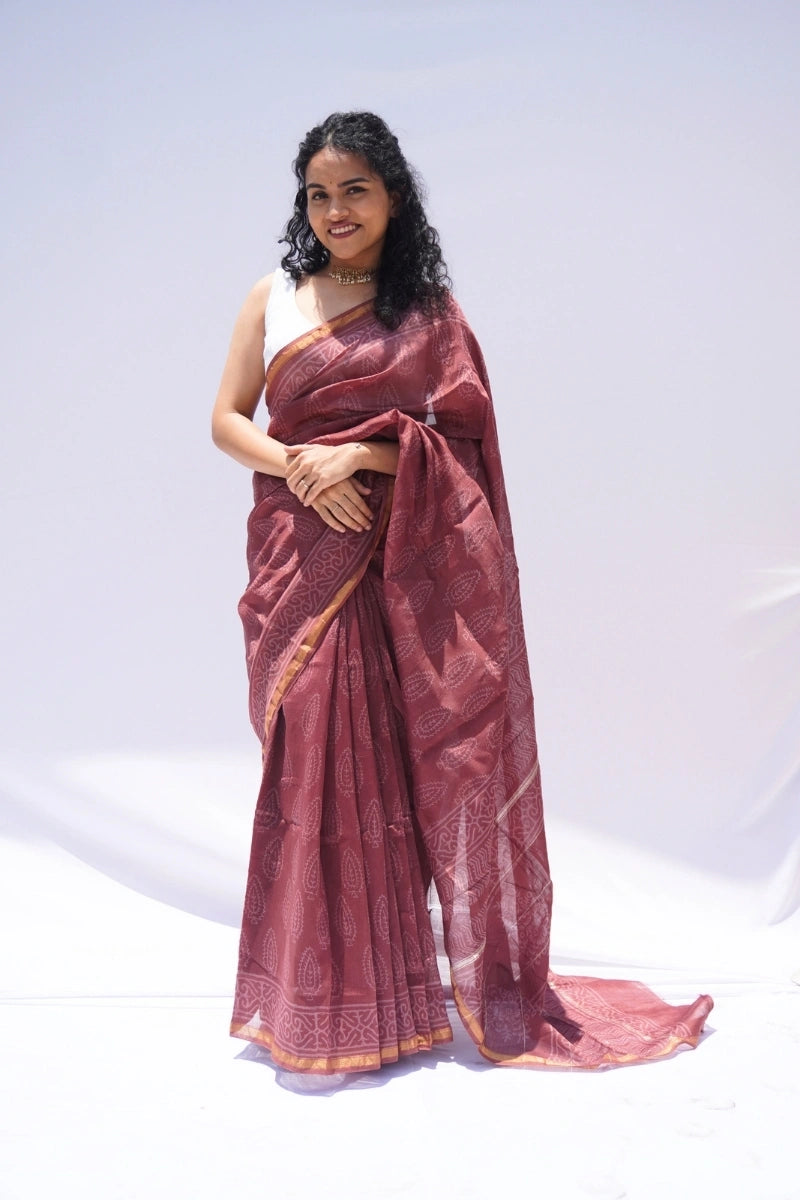 Chanderi Silk Cotton Hand Block Printed Saree – Dusty Rose & Ivory_1