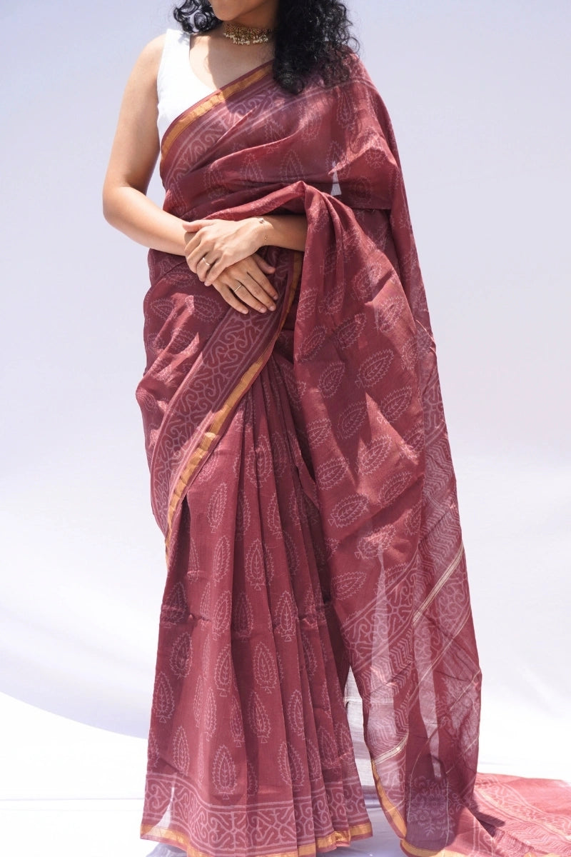 Chanderi Silk Cotton Hand Block Printed Saree – Dusty Rose & Ivory_2