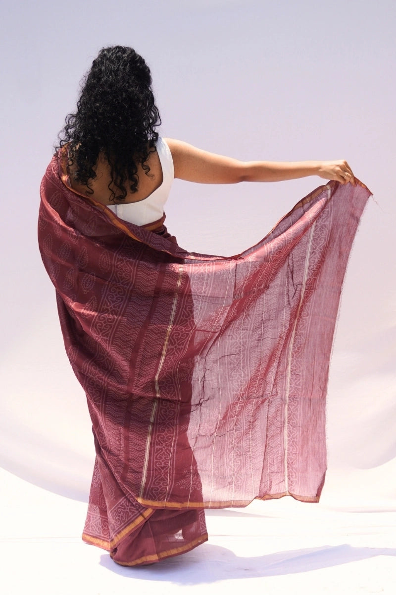Chanderi Silk Cotton Hand Block Printed Saree – Dusty Rose & Ivory_3