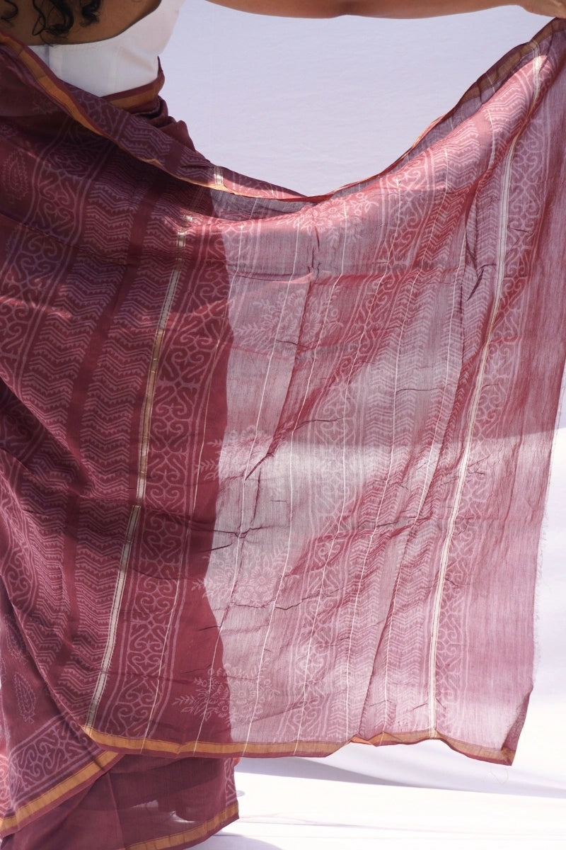 Chanderi Silk Cotton Hand Block Printed Saree – Dusty Rose & Ivory_4