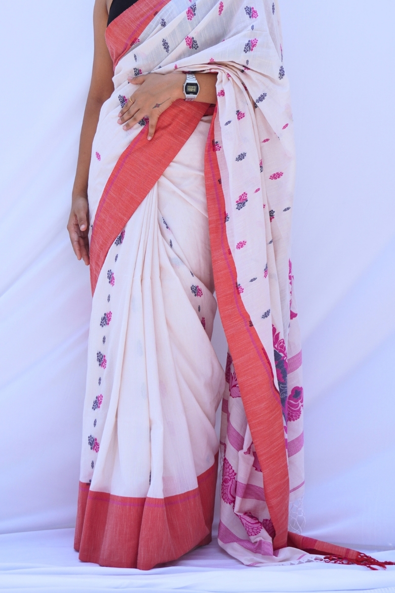 White Khadi Cotton Saree with Floral Buttas