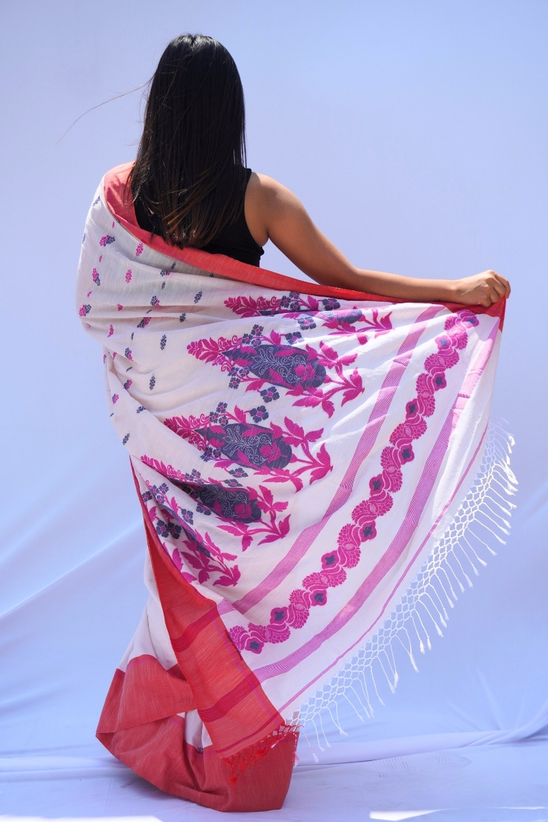 White Khadi Cotton Saree with Floral Buttas