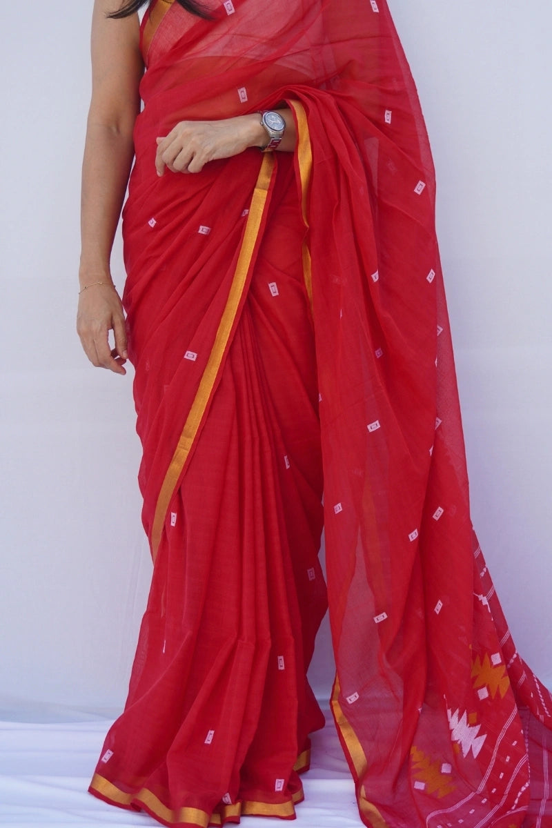 Mihira | Crimson Bloom Phulia Mul Cotton Saree