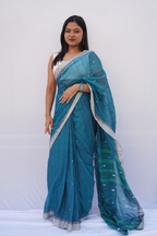 Mihira | Deep Teal Phulia Mul Cotton Saree