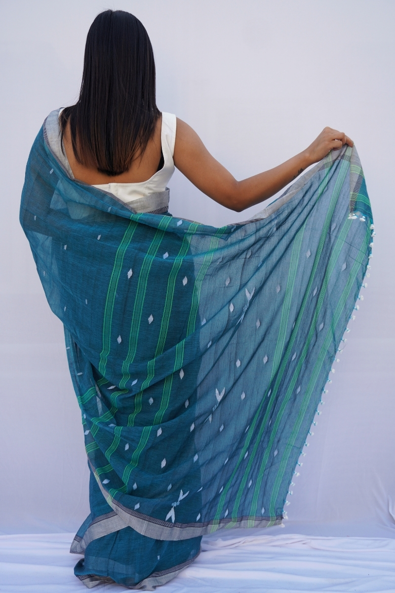 Mihira | Deep Teal Phulia Mul Cotton Saree