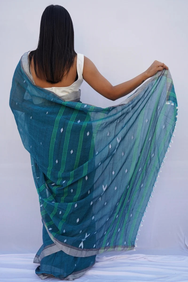 Mihira | Deep Teal Phulia Mul Cotton Saree_3