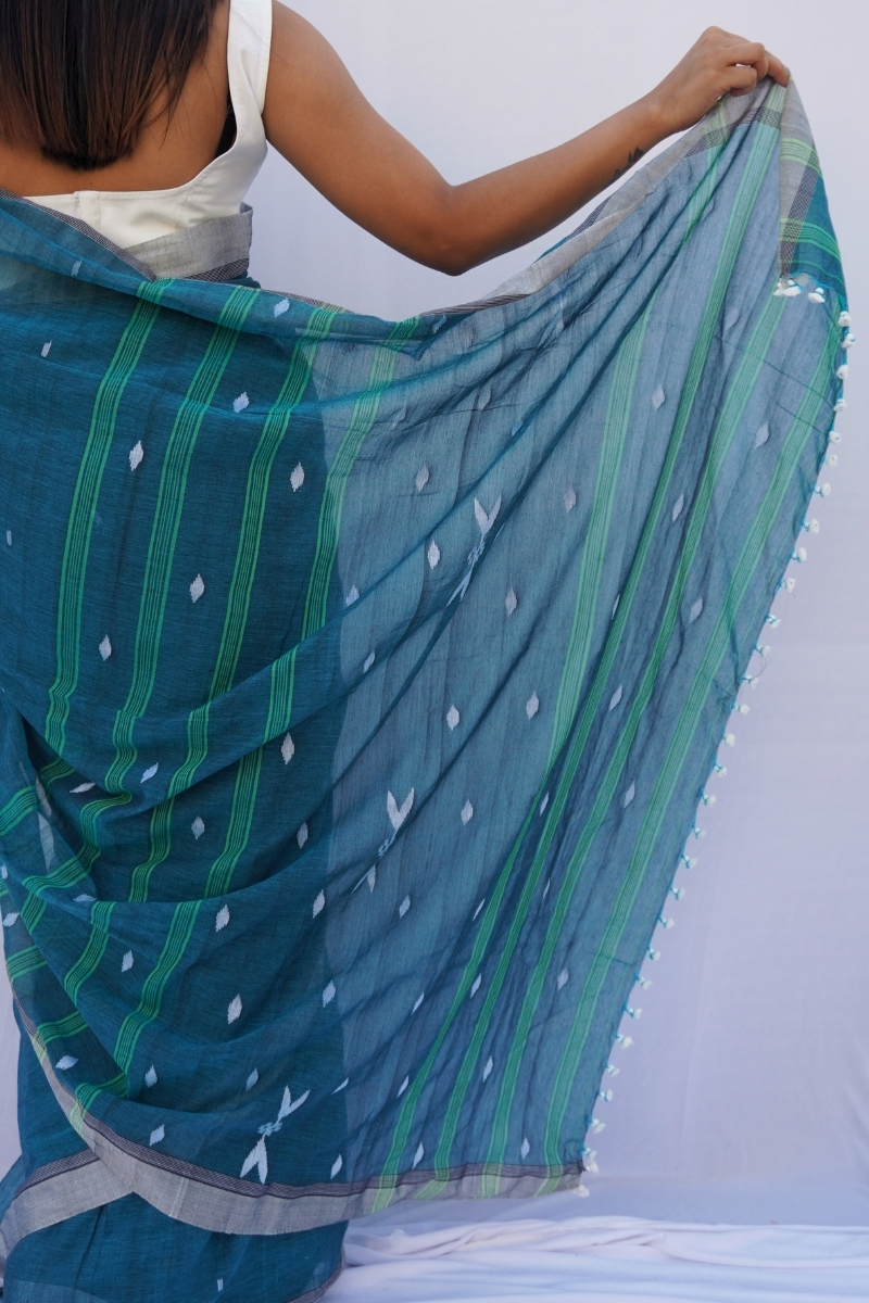 Mihira | Deep Teal Phulia Mul Cotton Saree