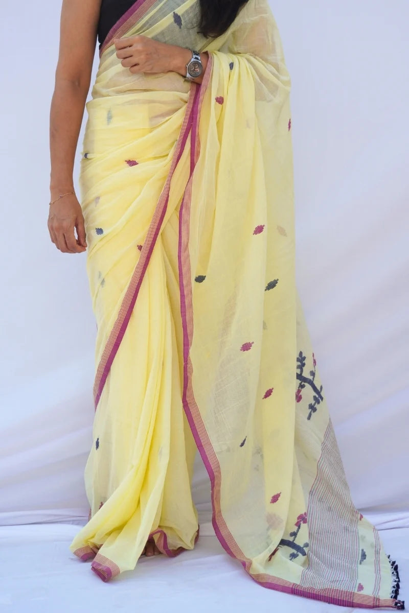 Mihira | Butter Yellow Phulia Mul Cotton Saree