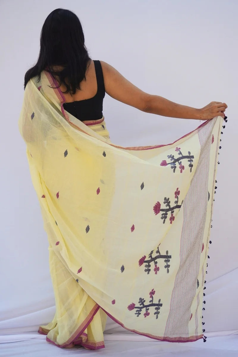 Mihira | Butter Yellow Phulia Mul Cotton Saree