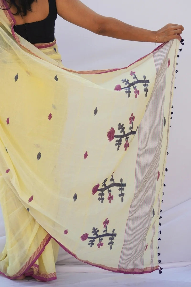 Mihira | Butter Yellow Phulia Mul Cotton Saree