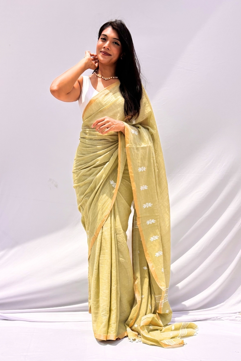 Mihira | Sage Green & Ivory Phulia Mul Cotton Saree