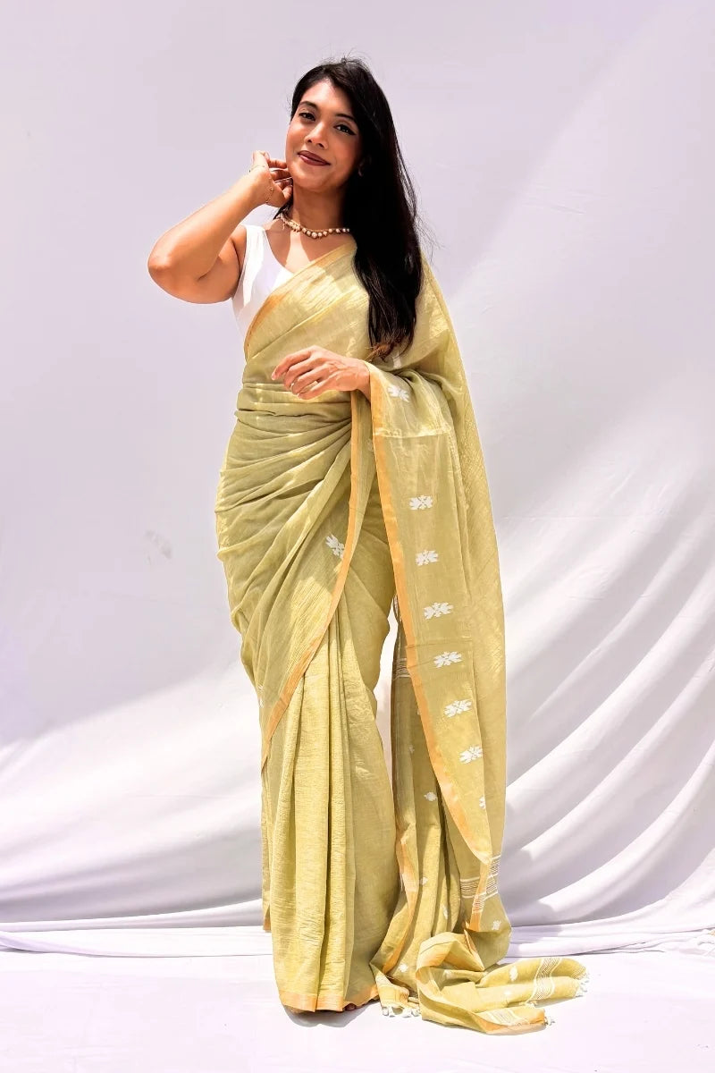 Mihira | Sage Green & Ivory Phulia Mul Cotton Saree_1