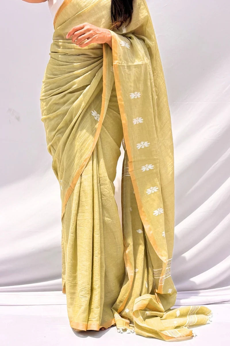Mihira | Sage Green & Ivory Phulia Mul Cotton Saree_2
