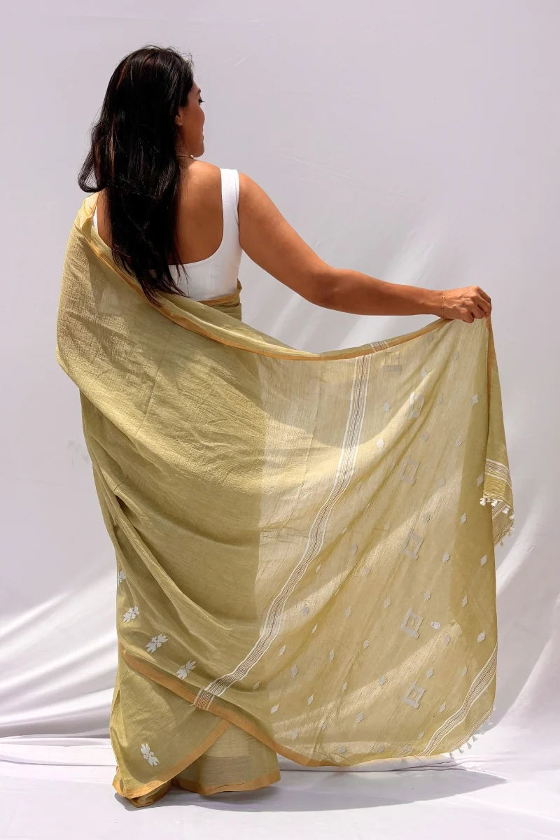 Mihira | Sage Green & Ivory Phulia Mul Cotton Saree_3