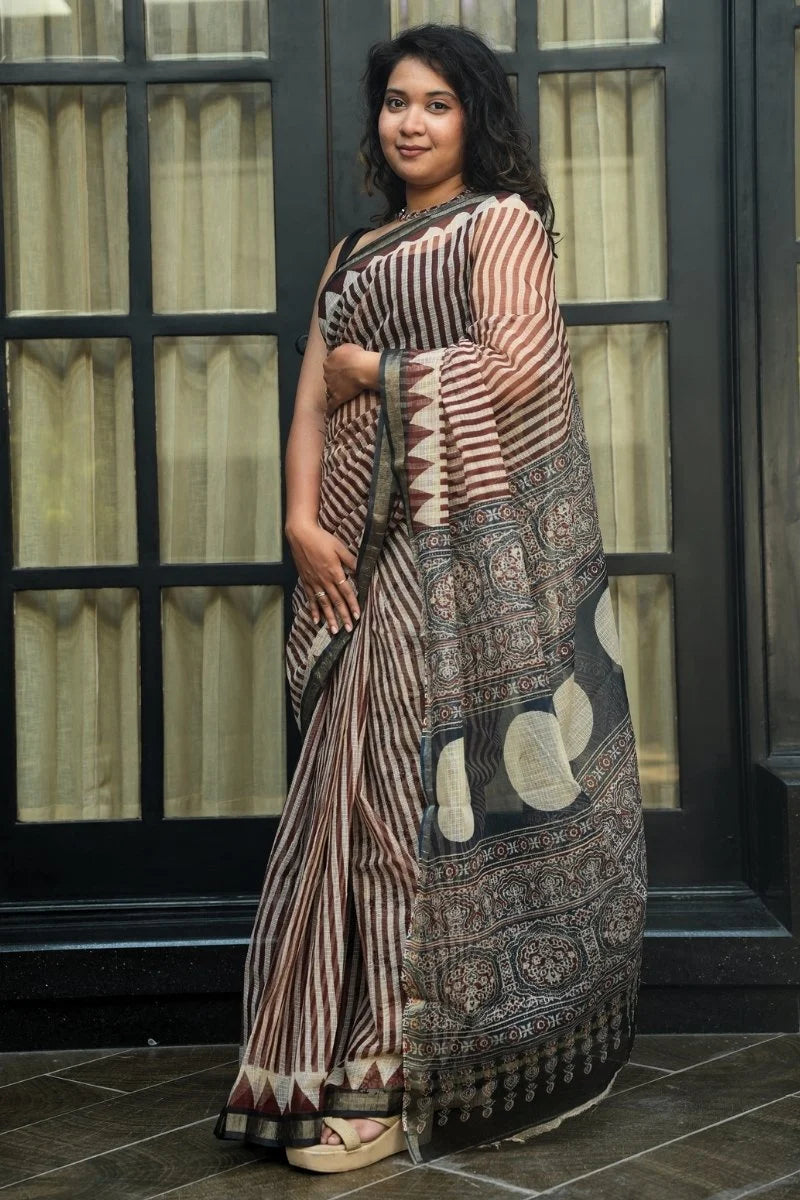 Kota Doria Bagru Hand Block Printed Saree - Maroon and Ivory Stripes_1