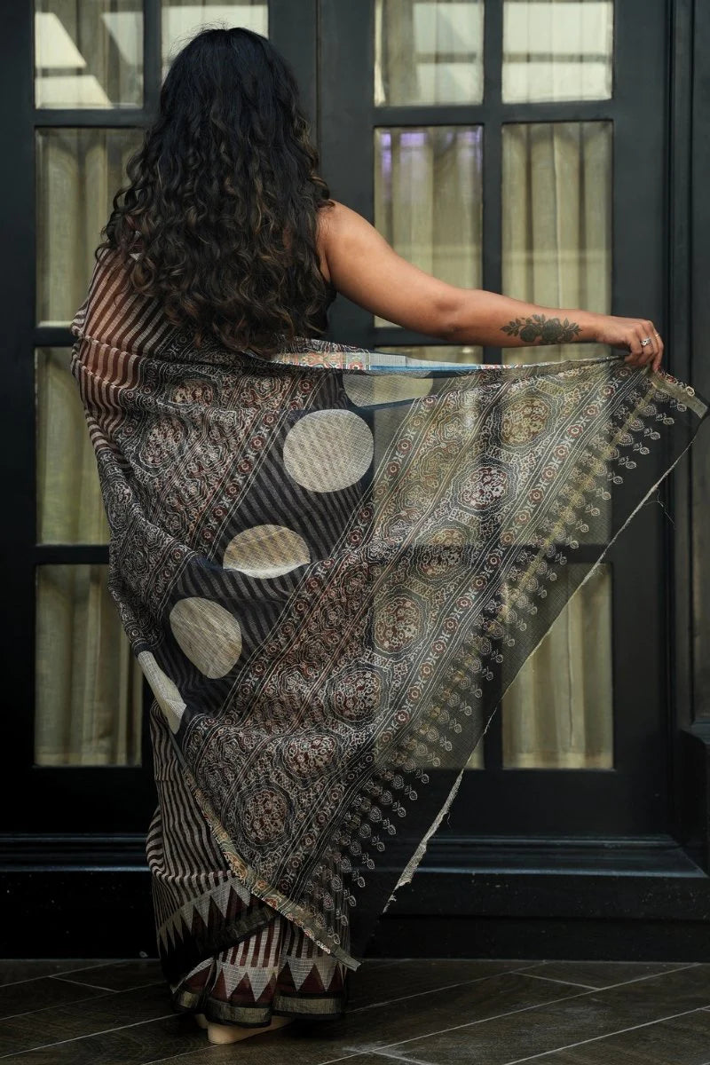 Kota Doria Bagru Hand Block Printed Saree - Maroon and Ivory Stripes_3