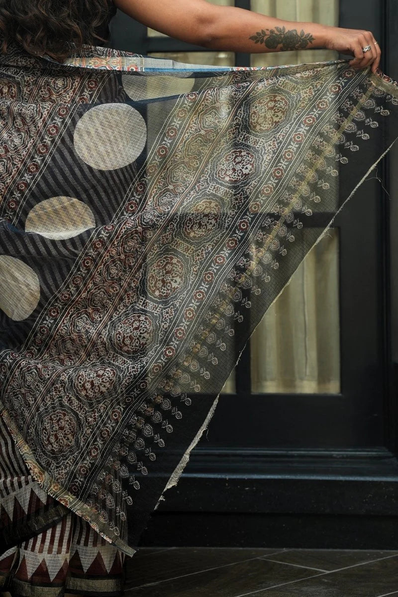 Kota Doria Bagru Hand Block Printed Saree - Maroon and Ivory Stripes_4
