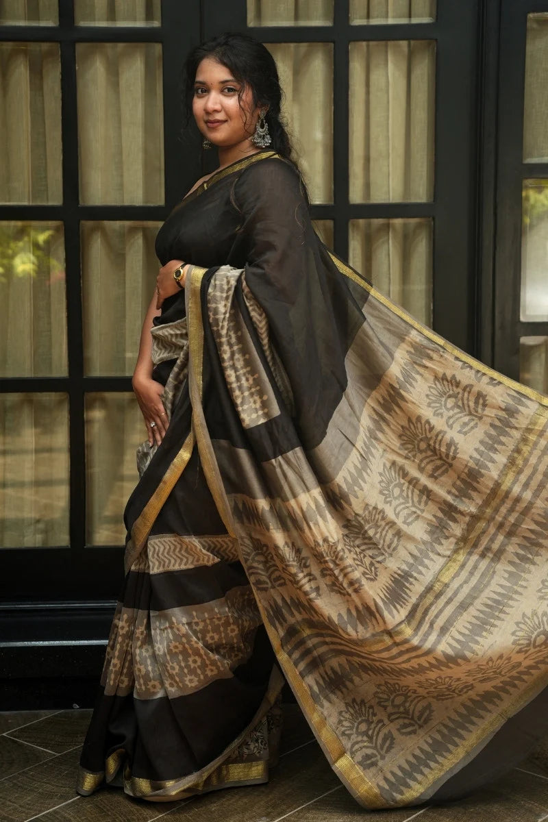 Maheshwari Silk Cotton Dabu Print Saree - Black, Taupe & Gold_1
