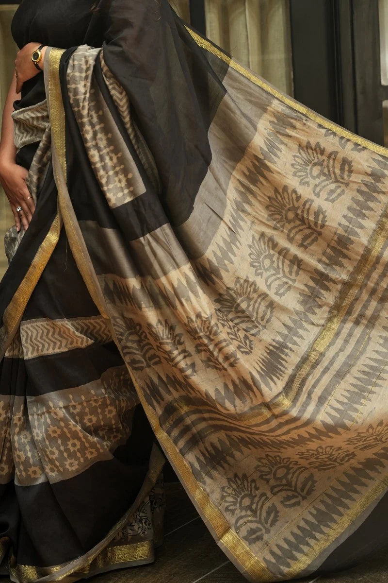 Maheshwari Silk Cotton Dabu Print Saree - Black, Taupe & Gold_2