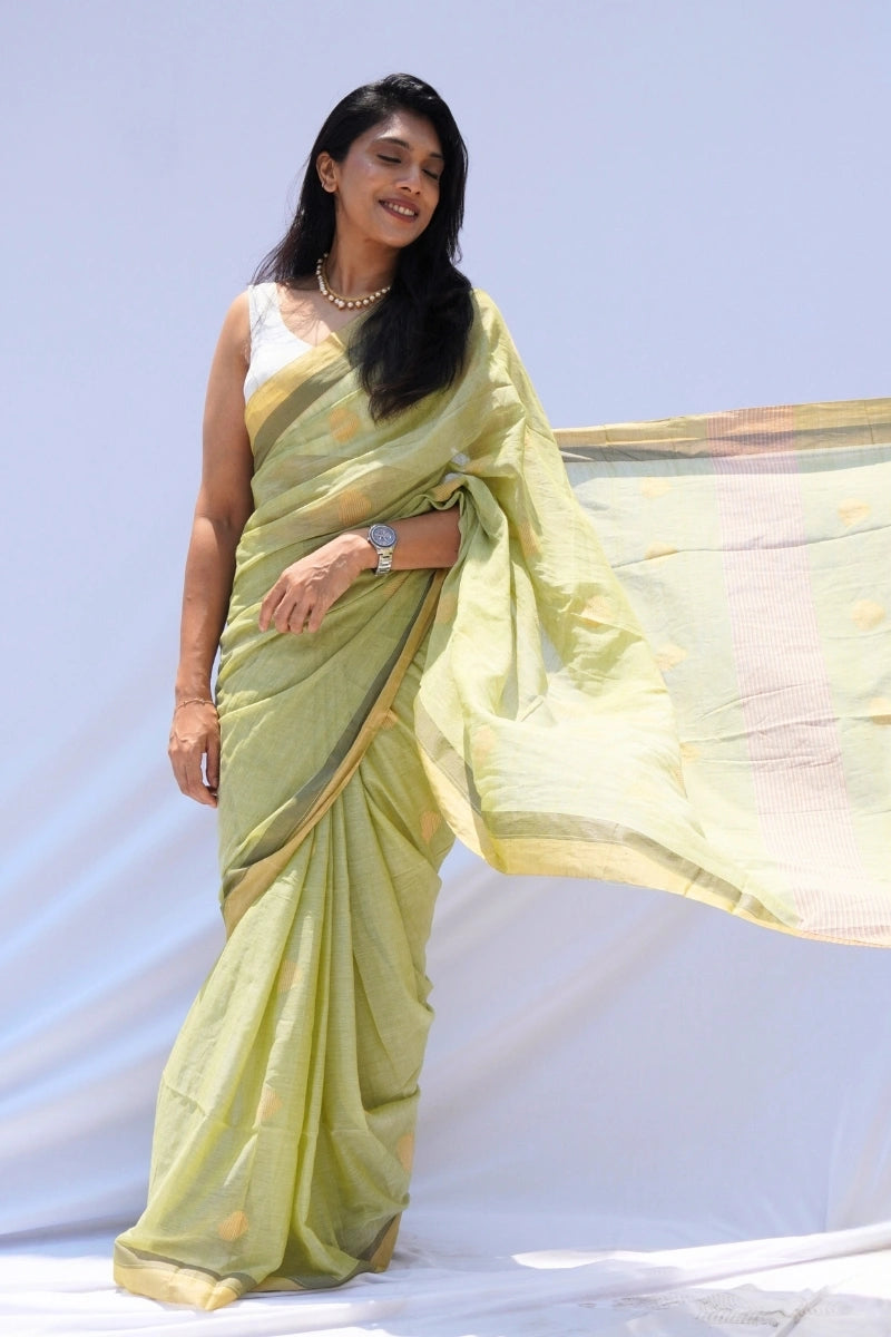 Mihira | Sage Gold Phulia Mul Cotton Saree