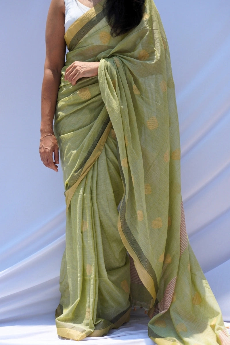 Mihira | Sage Gold Phulia Mul Cotton Saree