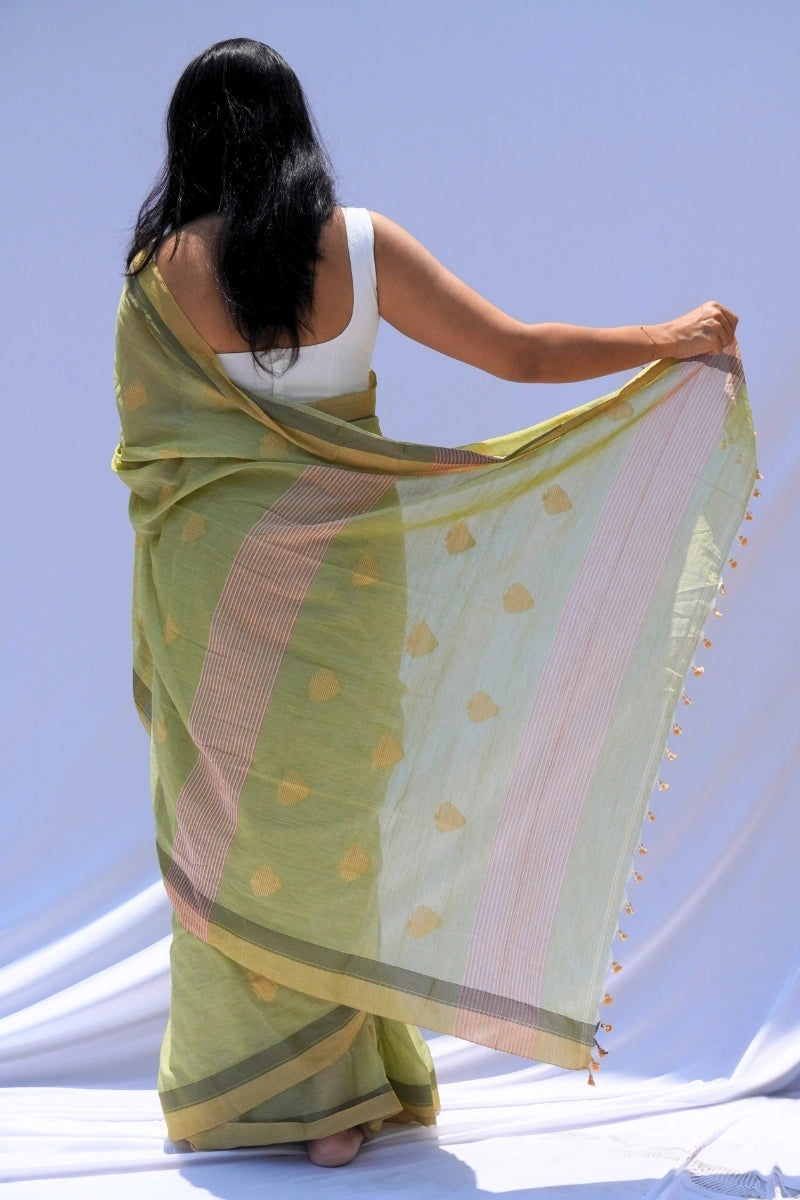 Mihira | Sage Gold Phulia Mul Cotton Saree