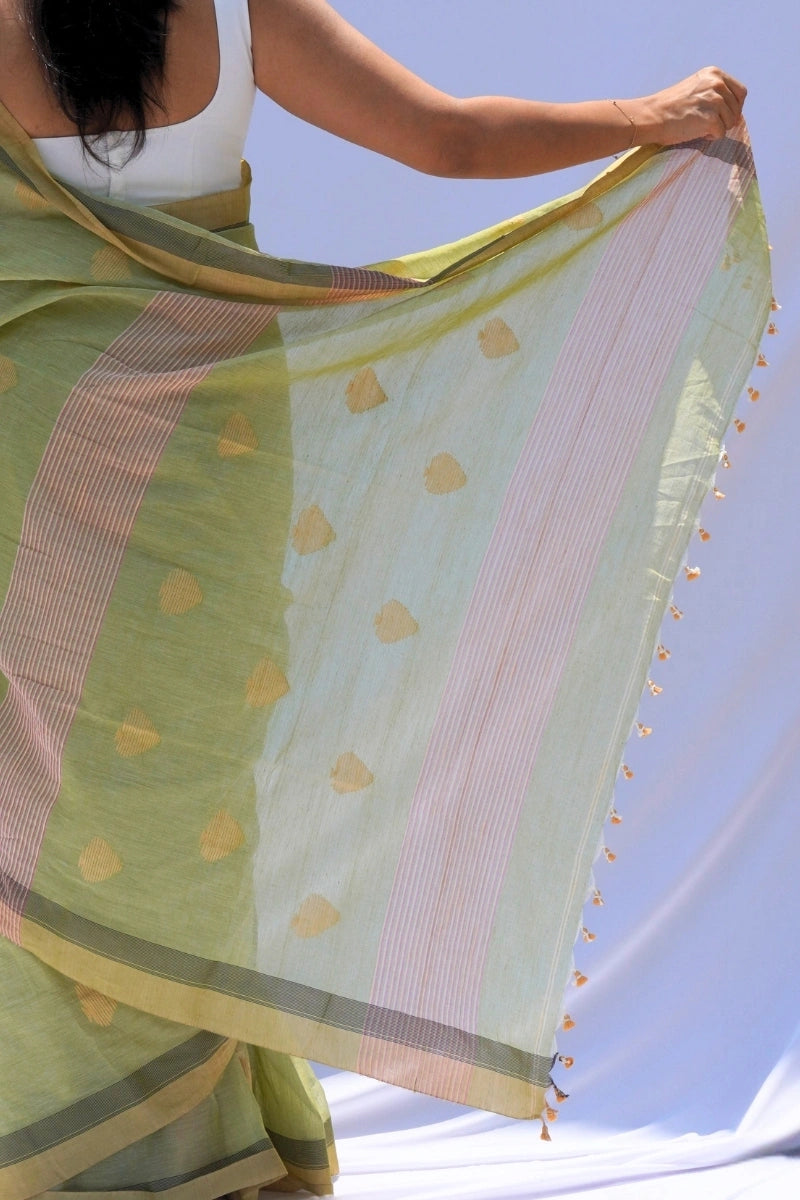 Mihira | Sage Gold Phulia Mul Cotton Saree