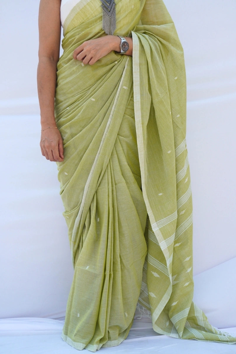 Mihira | Olive Mist Phulia Mul Cotton Saree