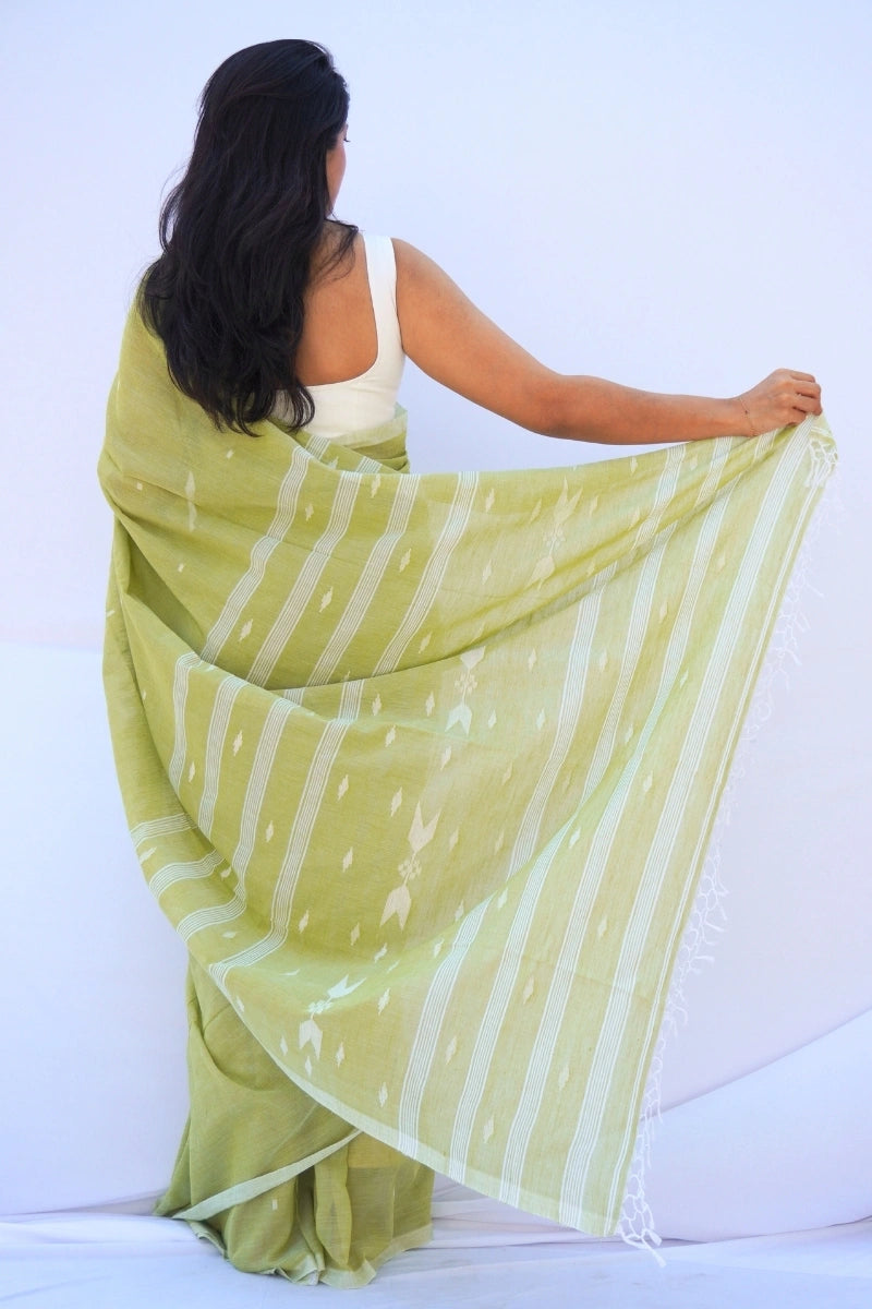Mihira | Olive Mist Phulia Mul Cotton Saree