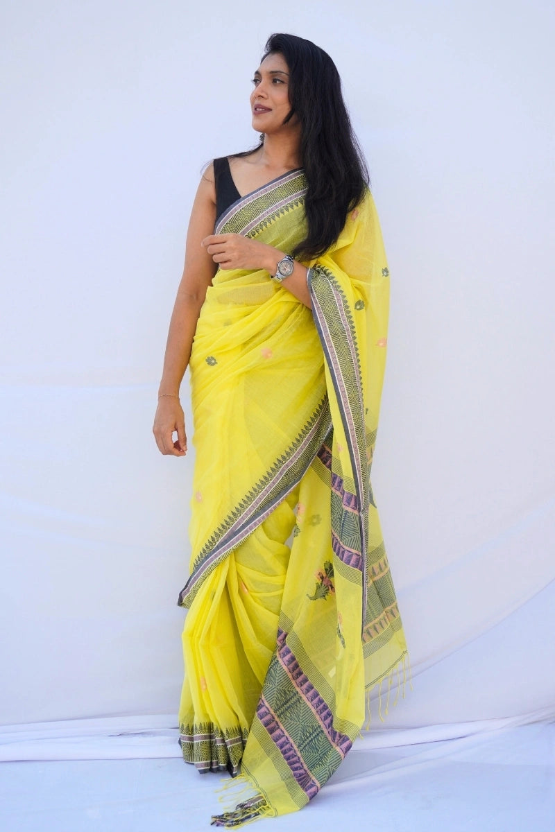 Mihira | Sunbeam Yellow Handloom Phulia Mul Cotton Saree