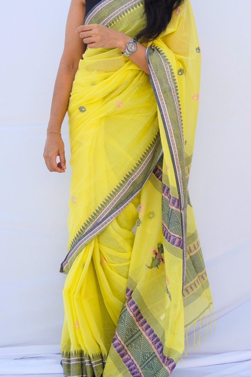 Mihira | Sunbeam Yellow Handloom Phulia Mul Cotton Saree