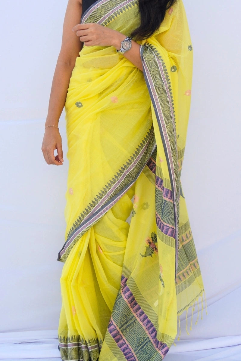 Mihira | Sunbeam Yellow Handloom Phulia Mul Cotton Saree