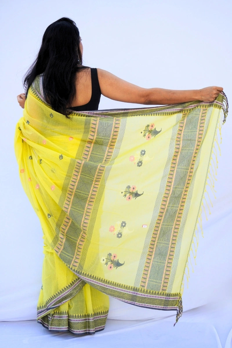 Mihira | Sunbeam Yellow Handloom Phulia Mul Cotton Saree