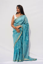 Maheshwari Silk Cotton Printed Saree – Aqua Blue & Ivory_1