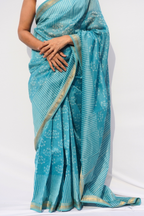 Maheshwari Silk Cotton Printed Saree – Aqua Blue & Ivory