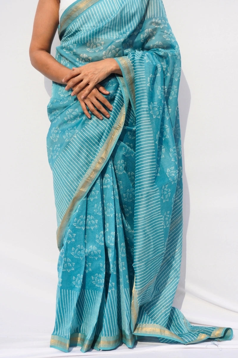Maheshwari Silk Cotton Printed Saree – Aqua Blue & Ivory_2