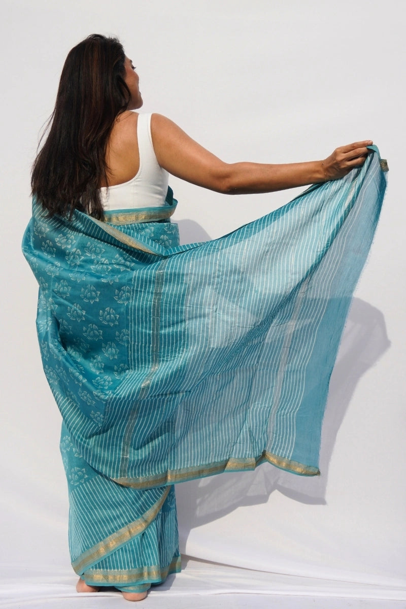 Maheshwari Silk Cotton Printed Saree – Aqua Blue & Ivory_3