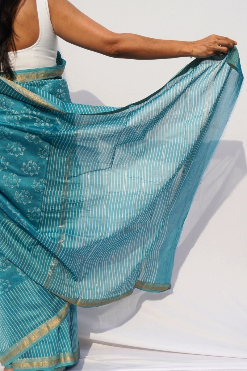 Maheshwari Silk Cotton Printed Saree – Aqua Blue & Ivory_4