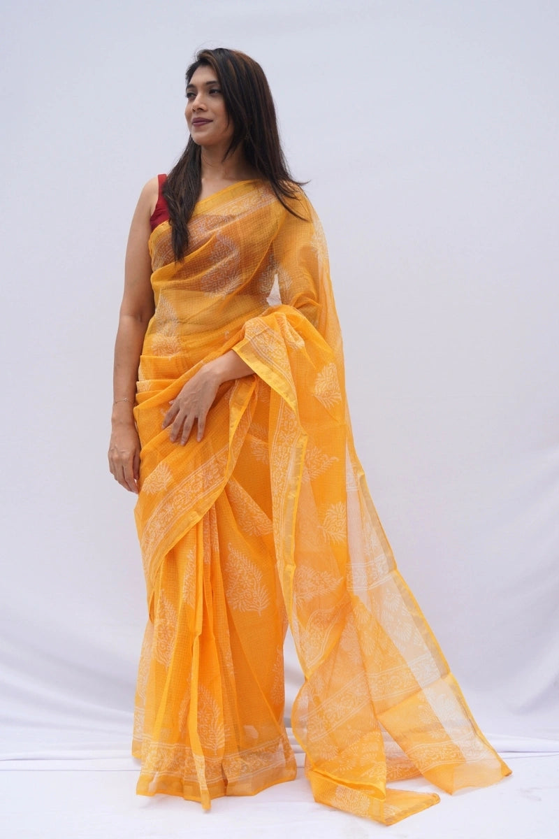 Sunlit Bloom Kota Doria Hand Block Printed Saree – Mustard Yellow & Ivory