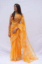 Sunlit Bloom Kota Doria Hand Block Printed Saree – Mustard Yellow & Ivory