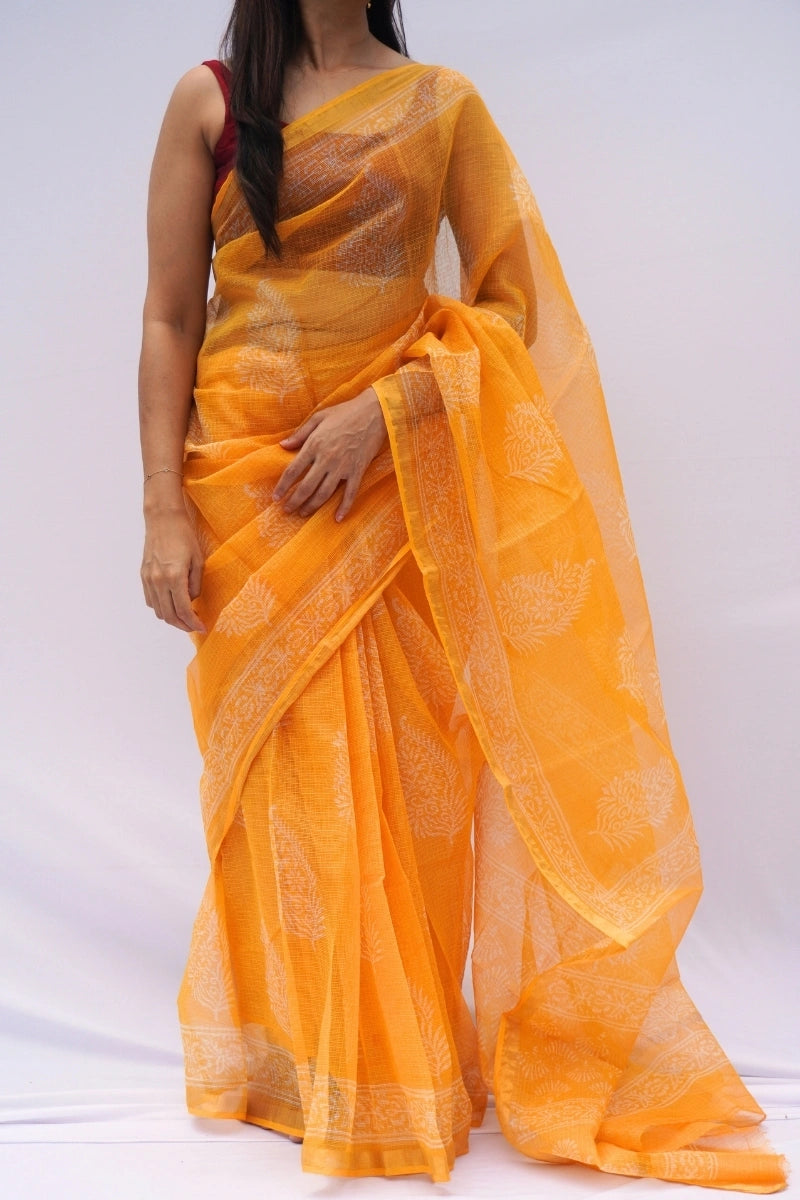 Sunlit Bloom Kota Doria Hand Block Printed Saree – Mustard Yellow & Ivory