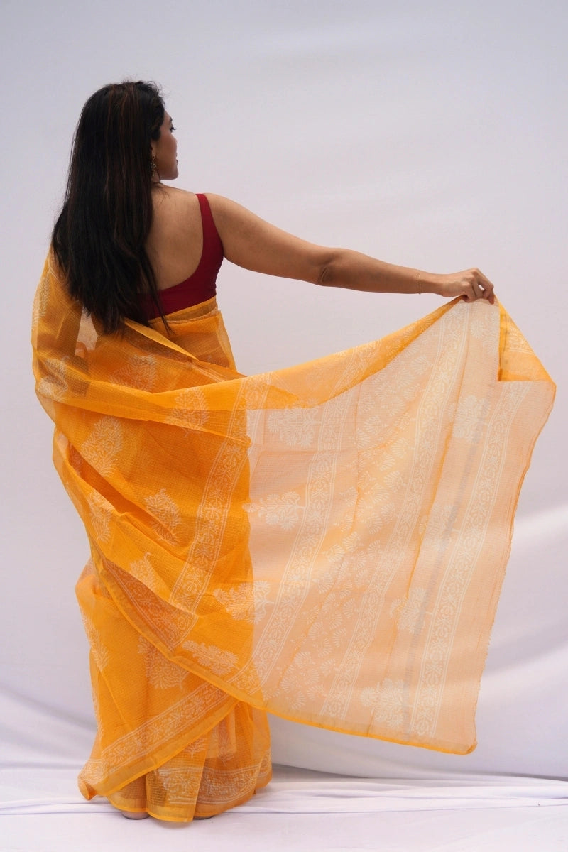 Sunlit Bloom Kota Doria Hand Block Printed Saree – Mustard Yellow & Ivory