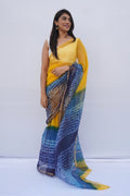 Sunshine Kota Doria Shibori Saree – Marigold Yellow, Indigo & Teal