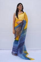 Sunshine Kota Doria Shibori Saree – Marigold Yellow, Indigo & Teal